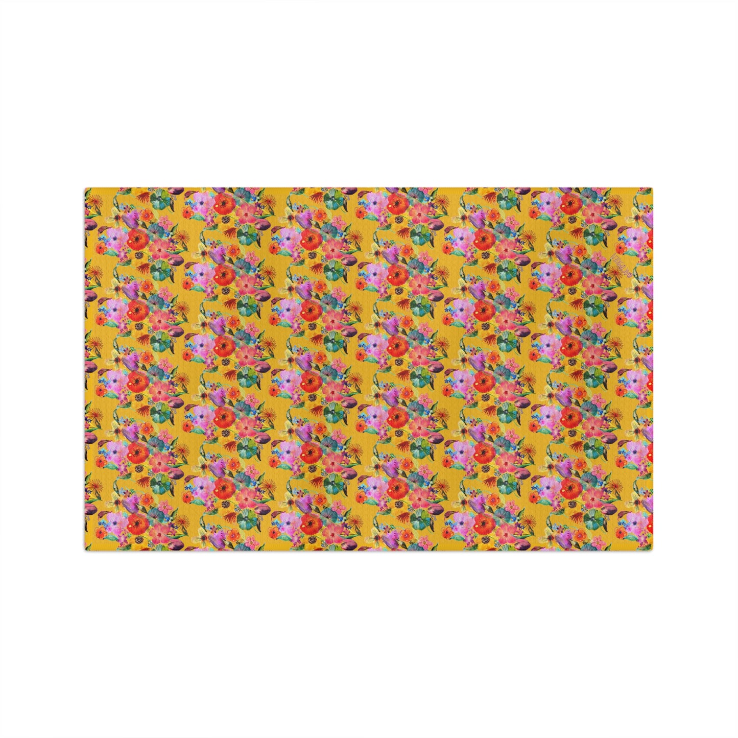 Whimsical Flower Pattern on Yellow - Art by Rien - Microfiber Kitchen Towel