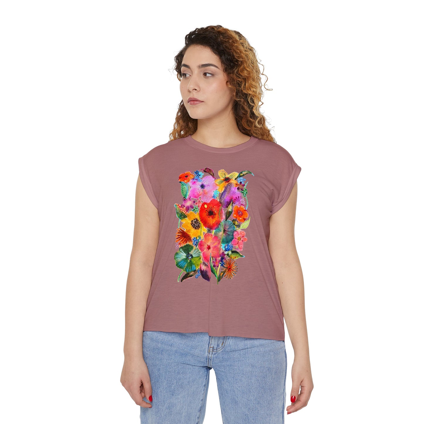 Whimsical Flowers - Art by Rien - flowy rolled cuffs muscle tee