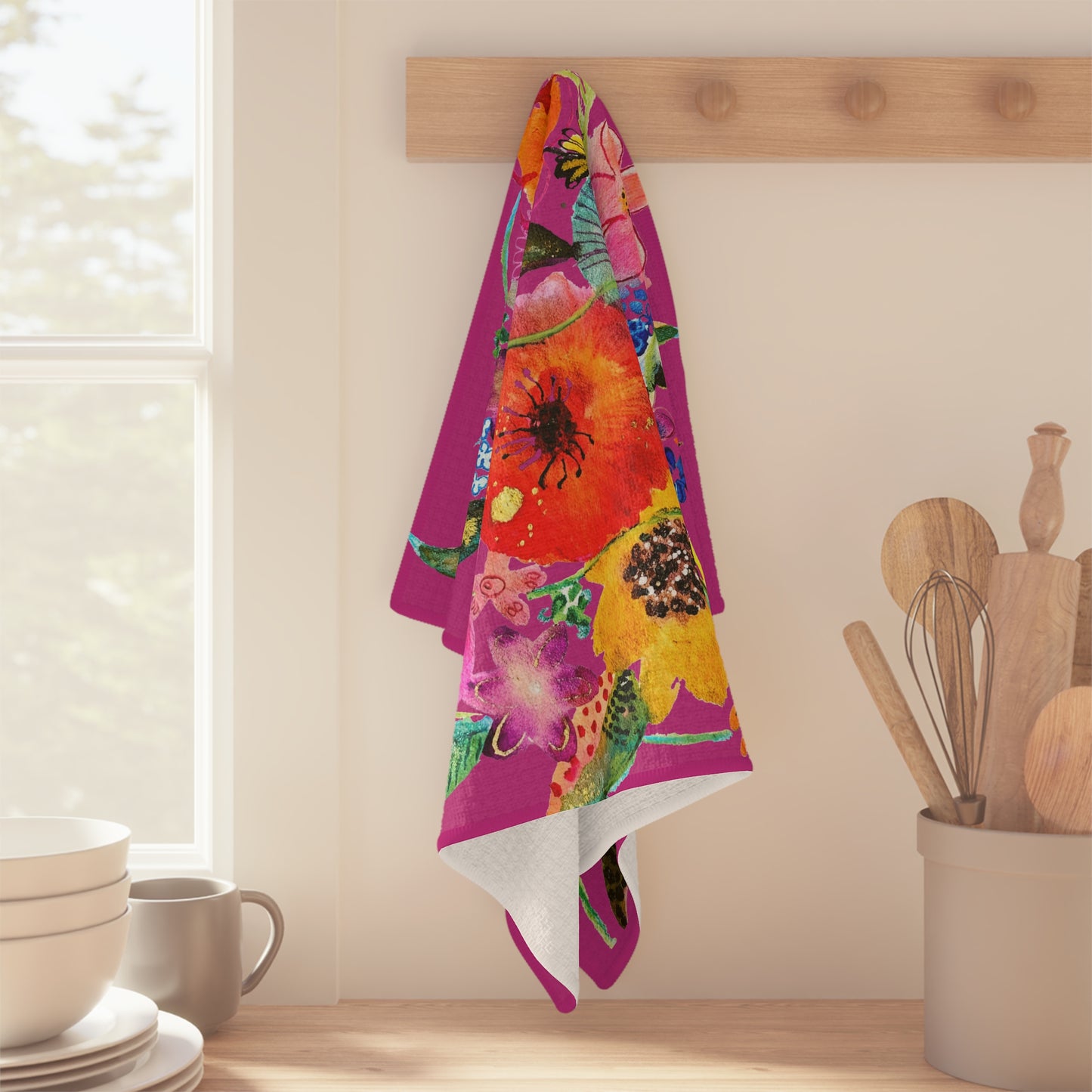 Whimsical Flowers on Pink - Art by Rien - Microfiber Kitchen Towel