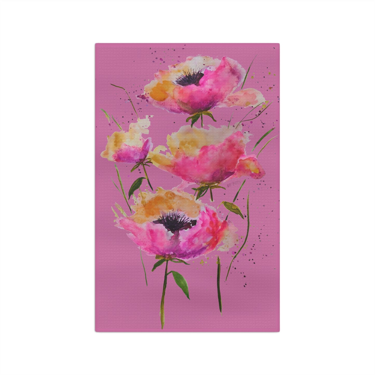 Pink Poppies on Pink - Art by Rien - Microfiber Kitchen Towel