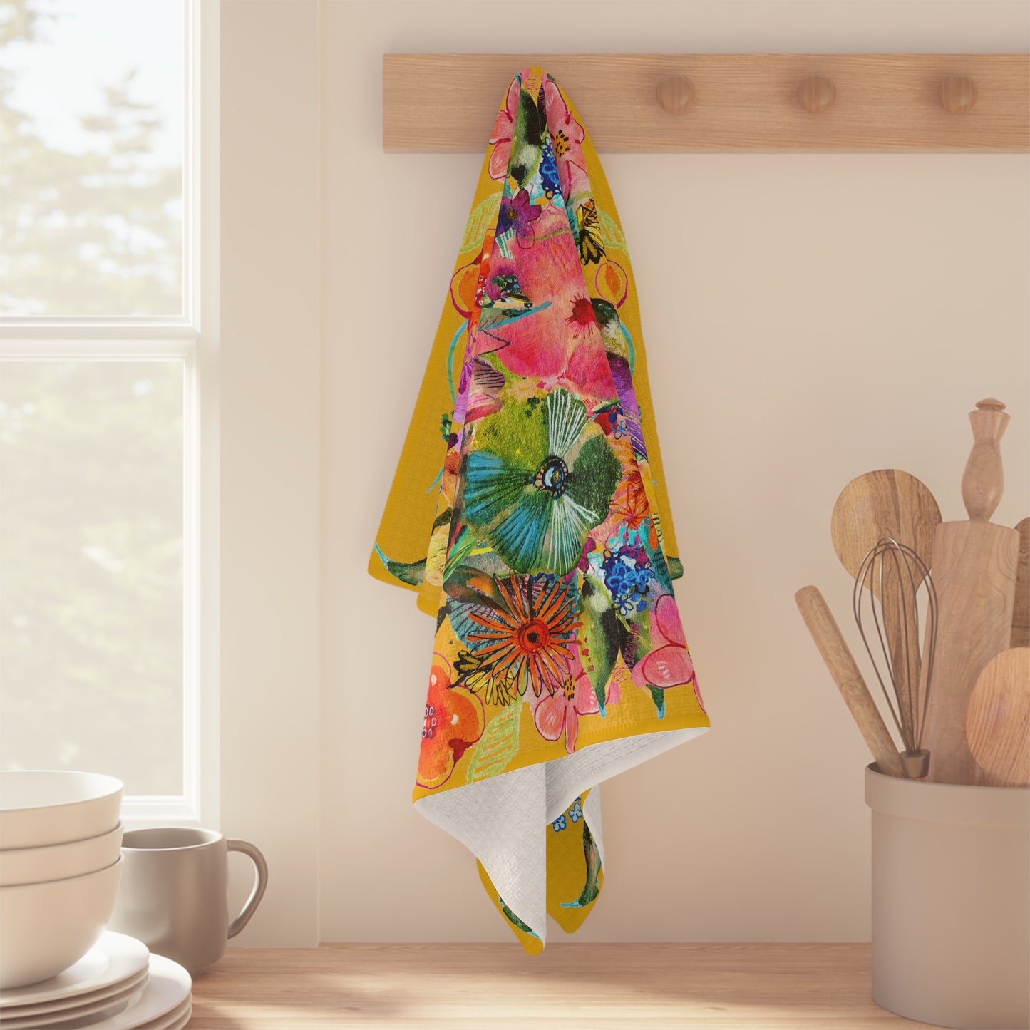 Whimsical Flower Explosion on Yellow - Art by Rien - Microfiber Kitchen Towel